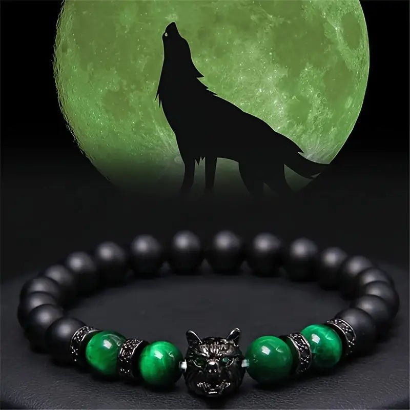 1pc Vintage Inlaid Zircon Wolf Head Stretch Bracelet, Lava Tiger Eye Beaded Bracelet – Viking jewerly | Norse runes & Nordic jewelry