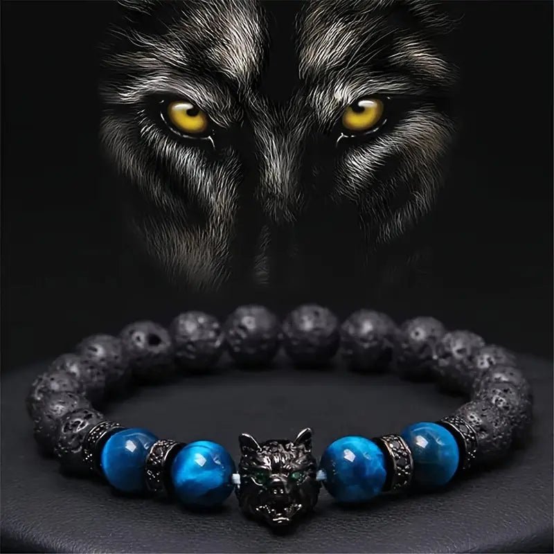 1pc Vintage Inlaid Zircon Wolf Head Stretch Bracelet, Lava Tiger Eye Beaded Bracelet – Viking jewerly | Norse runes & Nordic jewelry