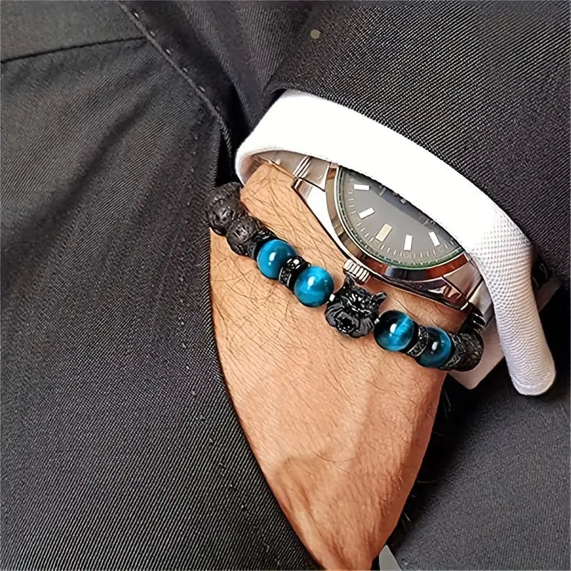 1pc Vintage Inlaid Zircon Wolf Head Stretch Bracelet, Lava Tiger Eye Beaded Bracelet – Viking jewerly | Norse runes & Nordic jewelry