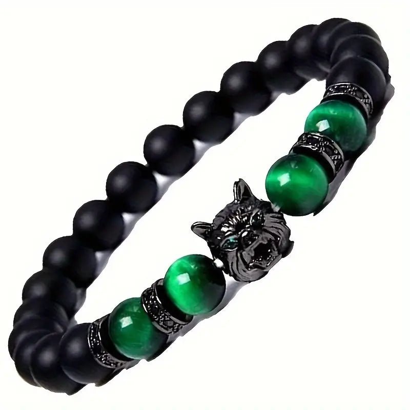 1pc Vintage Inlaid Zircon Wolf Head Stretch Bracelet, Lava Tiger Eye Beaded Bracelet – Viking jewerly | Norse runes & Nordic jewelry