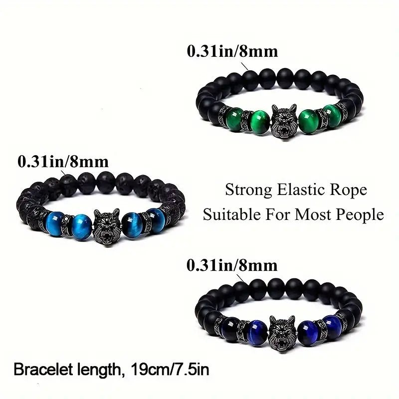 1pc Vintage Inlaid Zircon Wolf Head Stretch Bracelet, Lava Tiger Eye Beaded Bracelet – Viking jewerly | Norse runes & Nordic jewelry