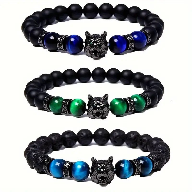 1pc Vintage Inlaid Zircon Wolf Head Stretch Bracelet, Lava Tiger Eye Beaded Bracelet – Viking jewerly | Norse runes & Nordic jewelry