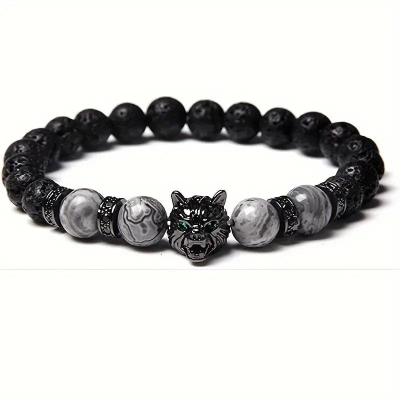 1pc Vintage Inlaid Zircon Wolf Head Stretch Bracelet, Lava Tiger Eye Beaded Bracelet – Viking jewerly | Norse runes & Nordic jewelry