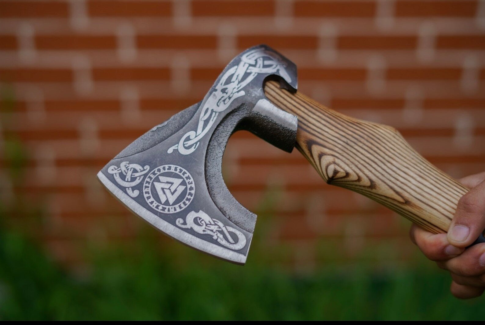 Custom Gift Forged Carbon Steel Viking Axe with Rose Wood Shaft, Viking Bearded Camping Axe – Viking Handmade Axe | Norse runes & Nordic jewelry