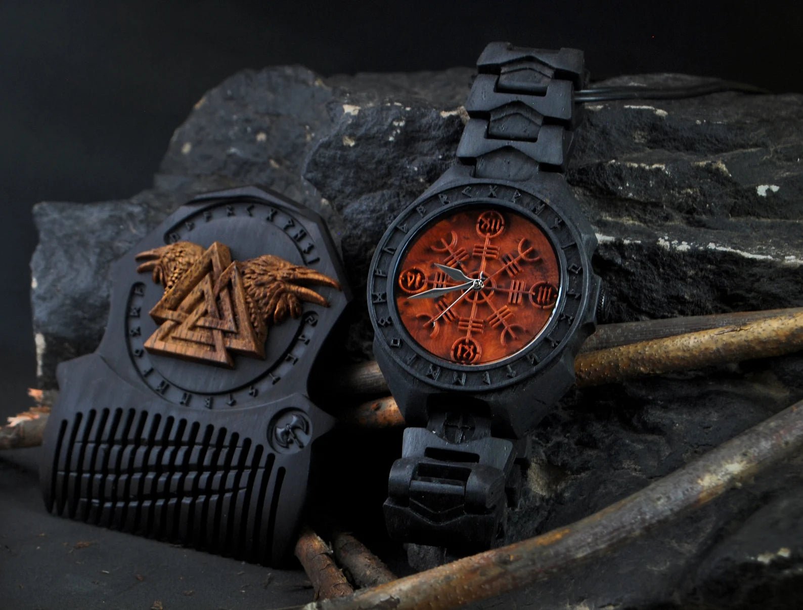 "Helm of Awe Set – Wooden Beard Comb, Watch & Norse Jewelry" – Viking Accessories | Norse runes & Nordic jewelry