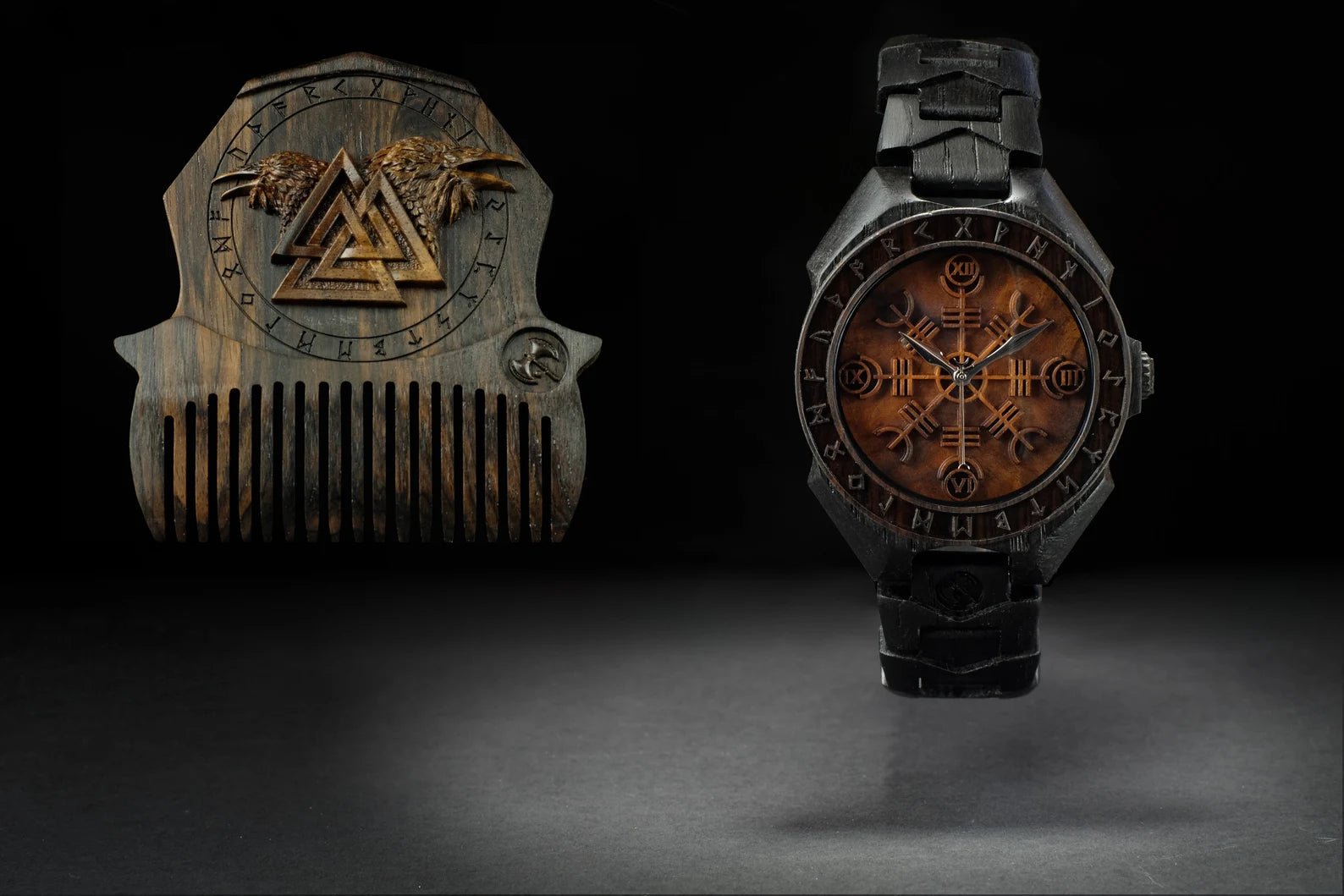 "Helm of Awe Set – Wooden Beard Comb, Watch & Norse Jewelry" – Viking Accessories | Norse runes & Nordic jewelry