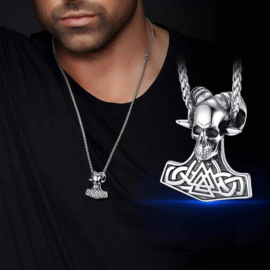 Norse Amulet Necklace – Thor’s Hammer & Goat Skull Pendant – Viking jewerly | Norse runes & Nordic jewelry