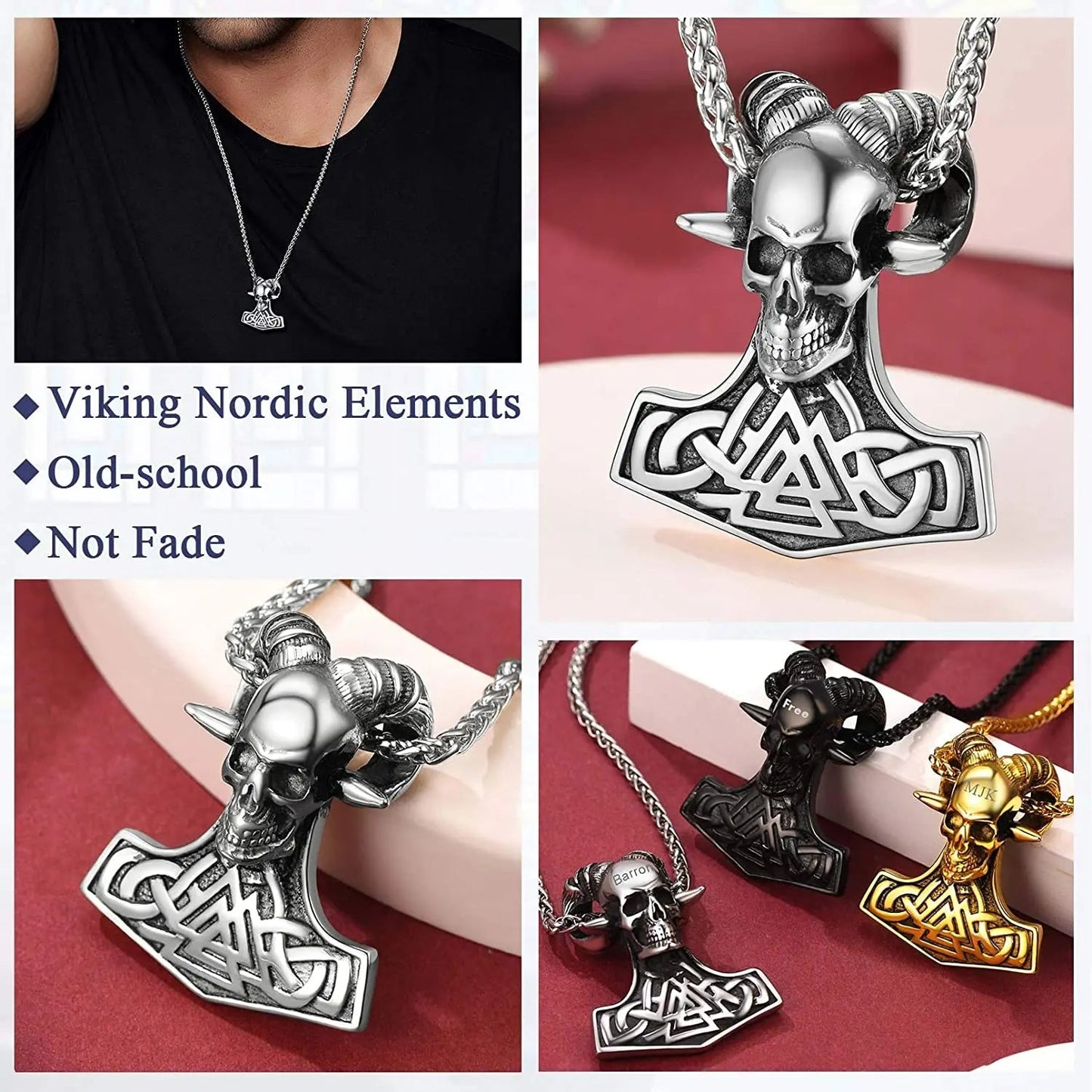 Norse Amulet Necklace – Thor’s Hammer & Goat Skull Pendant – Viking jewerly | Norse runes & Nordic jewelry