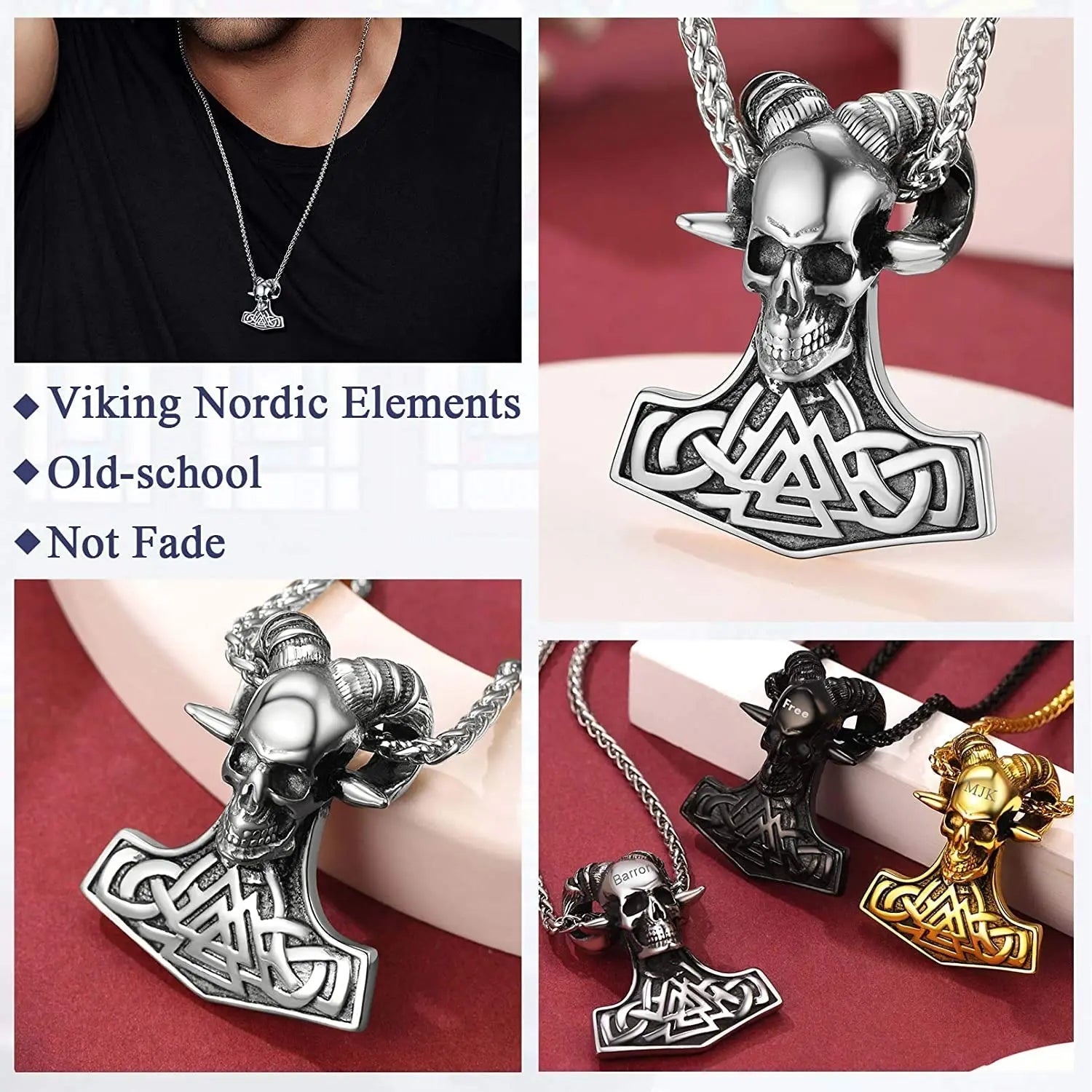 Norse Amulet Necklace – Thor’s Hammer & Goat Skull Pendant – Viking jewerly | Norse runes & Nordic jewelry