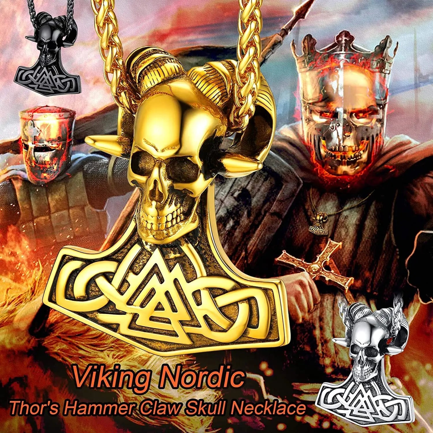 Norse Amulet Necklace – Thor’s Hammer & Goat Skull Pendant – Viking jewerly | Norse runes & Nordic jewelry