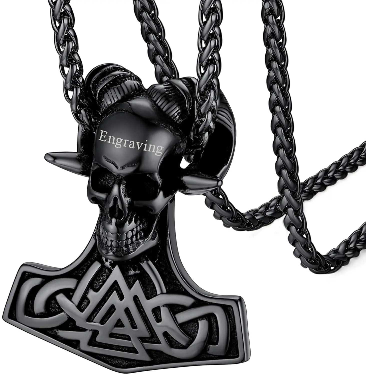 Norse Amulet Necklace – Thor’s Hammer & Goat Skull Pendant – Viking jewerly | Norse runes & Nordic jewelry
