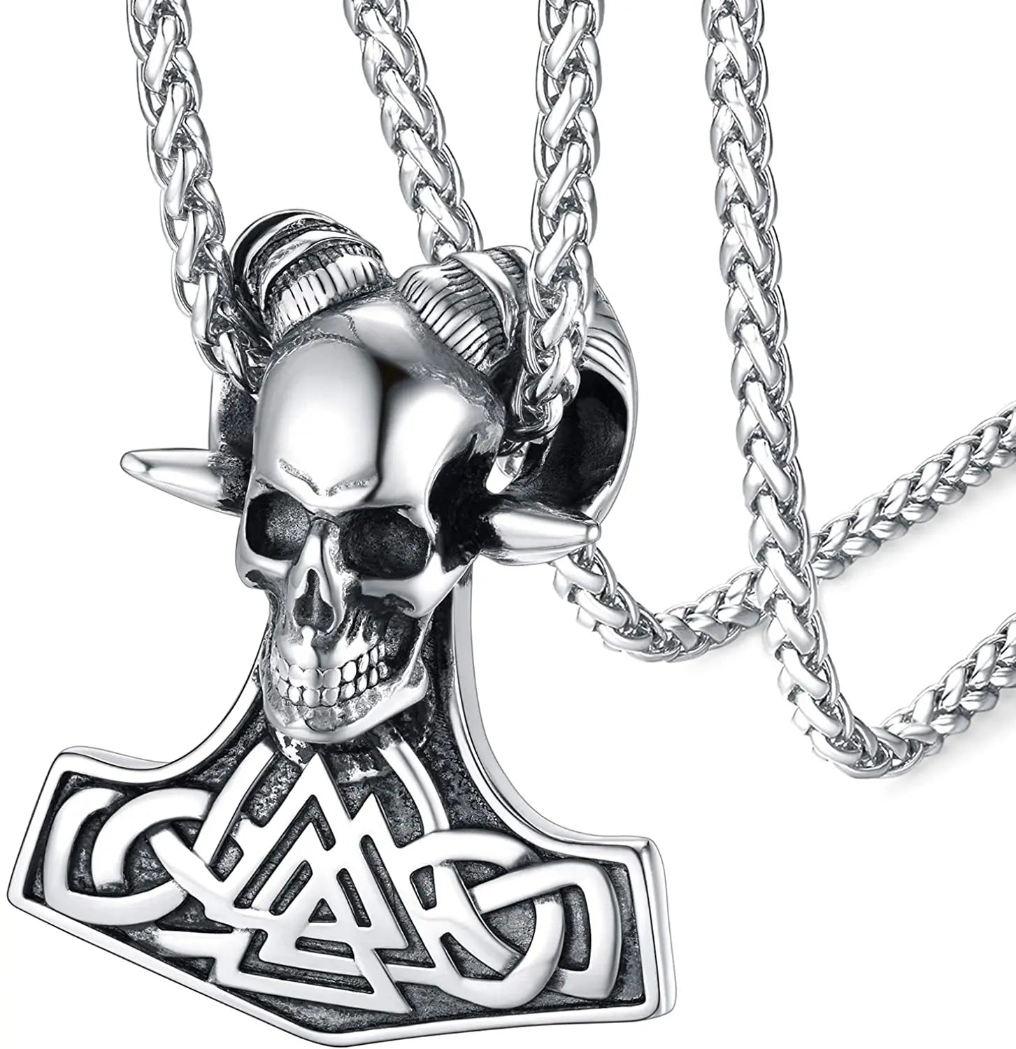 Norse Amulet Necklace – Thor’s Hammer & Goat Skull Pendant – Viking jewerly | Norse runes & Nordic jewelry