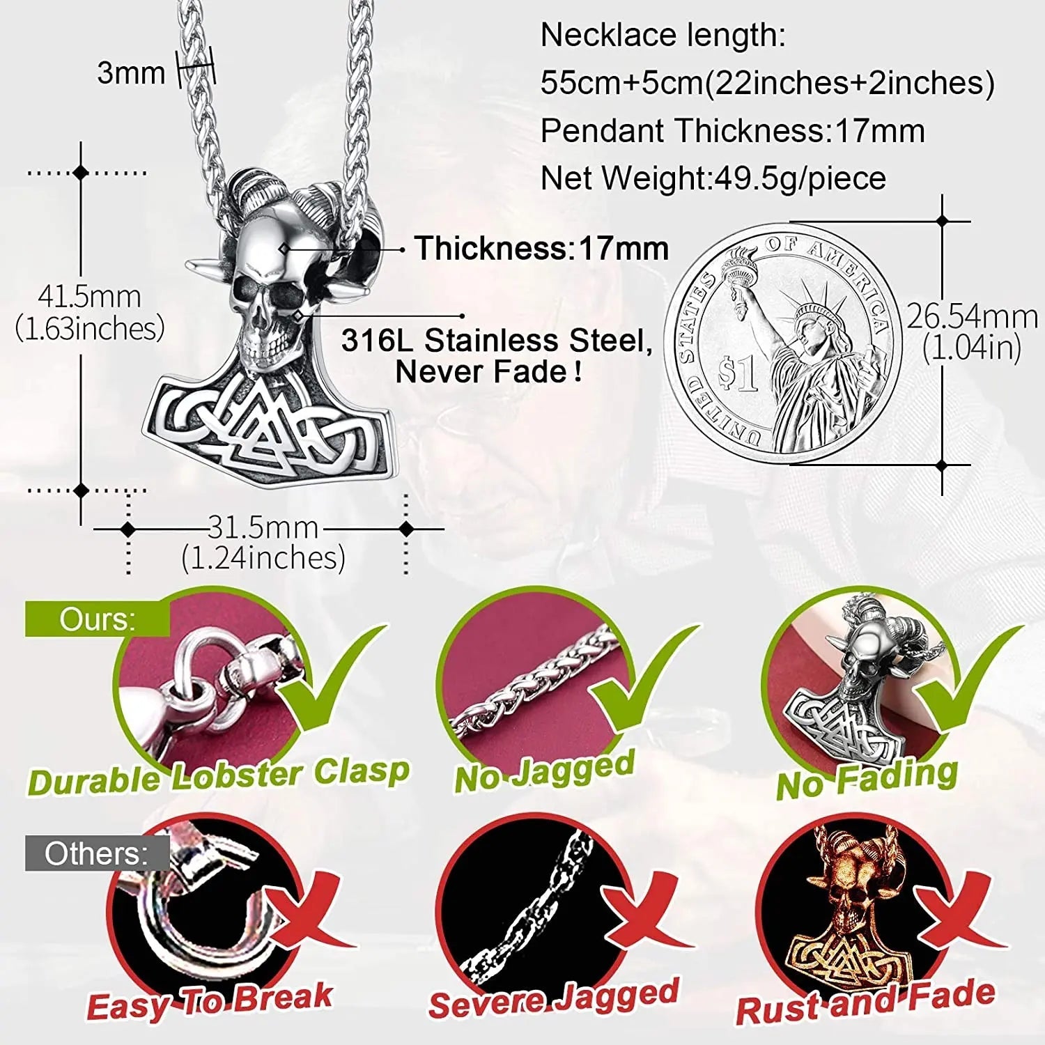 Norse Amulet Necklace – Thor’s Hammer & Goat Skull Pendant – Viking jewerly | Norse runes & Nordic jewelry