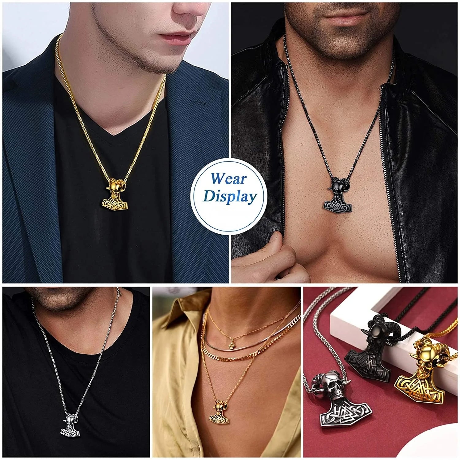 Norse Amulet Necklace – Thor’s Hammer & Goat Skull Pendant – Viking jewerly | Norse runes & Nordic jewelry