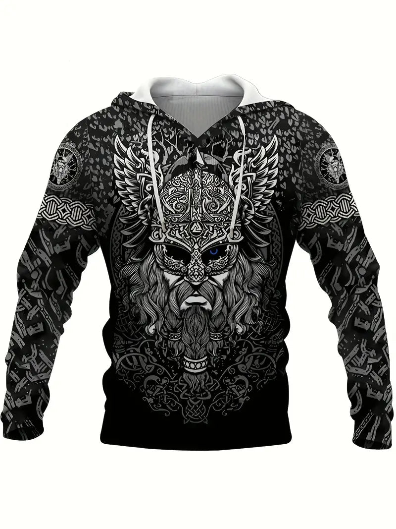 Retro Viking Warrior Print Hoodie, Cool Hoodies For Men – Viking fashion | Norse runes & Nordic jewelry