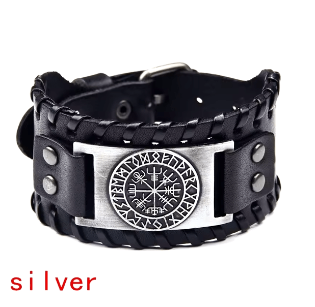 Retro Wide Leather Viking Vintage Compass Bracelet – Viking jewerly | Norse runes & Nordic jewelry