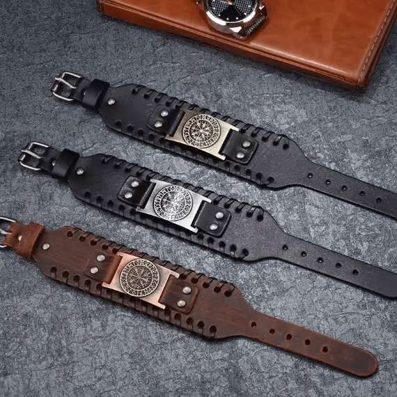 Retro Wide Leather Viking Vintage Compass Bracelet β Viking jewerly | Norse runes & Nordic jewelry