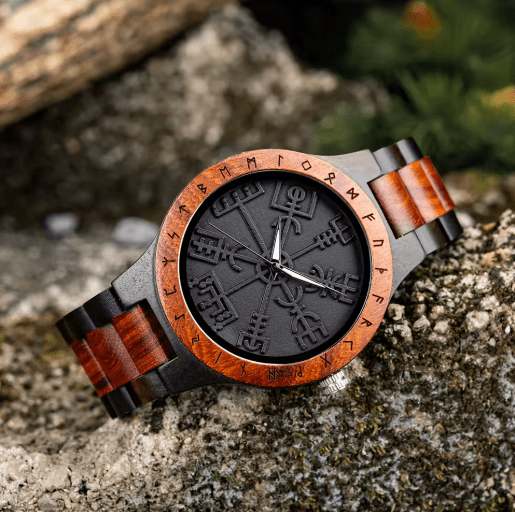 Viking Odin Rune Quartz Wristwatch for Men with Wooden Strap – Viking jewerly | Norse runes & Nordic jewelry