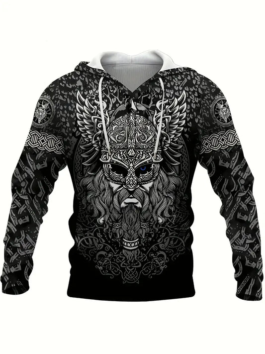 Retro Viking Warrior Print Hoodie, Cool Hoodies For Men