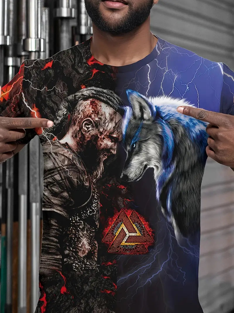 Retro Viking Warrior & Wolf Pattern 3D Printed Crew Neck Short Sleeve T-shirt For Men