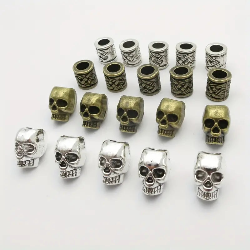 20pcs/pack Vintage Silvery Alloy Skull Head Big Hole Beard/Hair Dreadlock Male Loose Beads Vertical