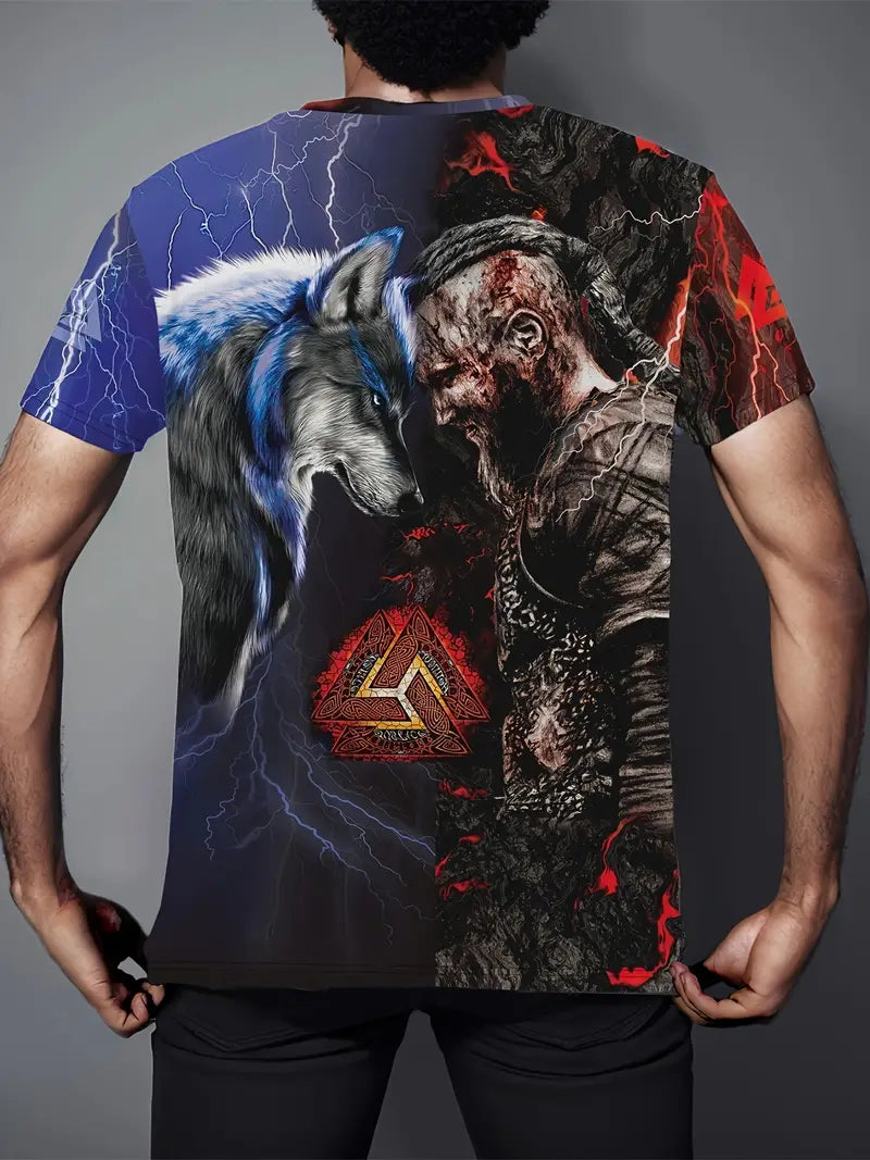 Retro Viking Warrior & Wolf Pattern 3D Printed Crew Neck Short Sleeve T-shirt For Men