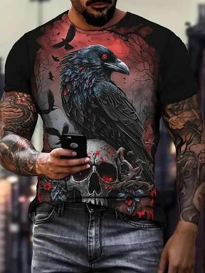 Crow And Skeleton Skull Pattern Crew Neck And Short Sleeve T-shirt