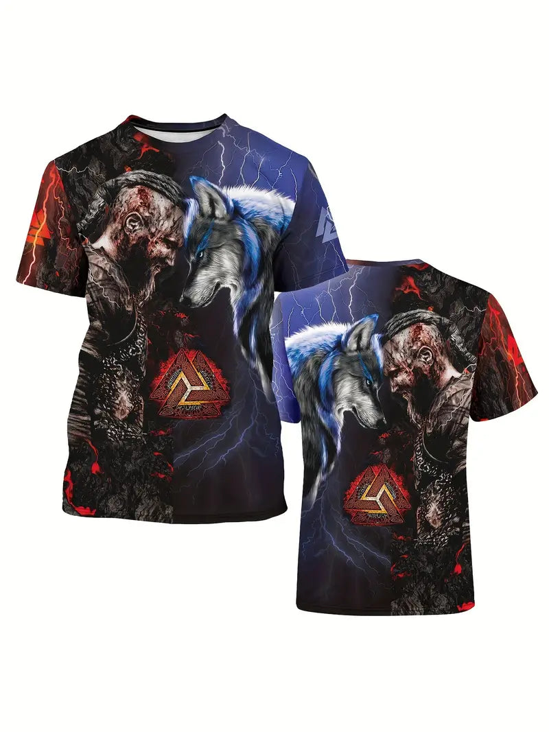 Retro Viking Warrior & Wolf Pattern 3D Printed Crew Neck Short Sleeve T-shirt For Men