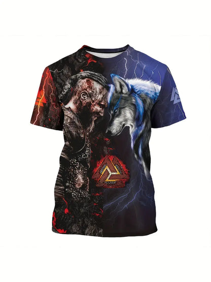 Retro Viking Warrior & Wolf Pattern 3D Printed Crew Neck Short Sleeve T-shirt For Men