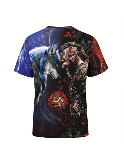 Retro Viking Warrior & Wolf Pattern 3D Printed Crew Neck Short Sleeve T-shirt For Men