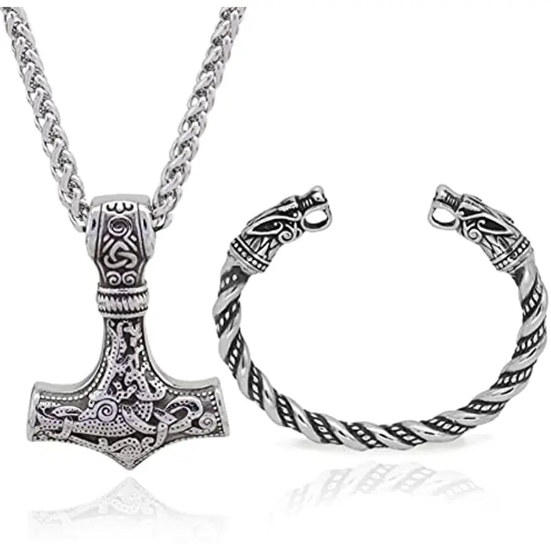 Retro Punk Cool Viking Pendant Necklace & Twist Bangle, Men Casual Leisure Fashion Jewelry Set