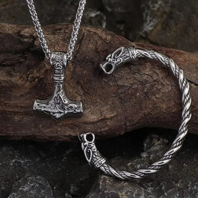 Retro Punk Cool Viking Pendant Necklace & Twist Bangle, Men Casual Leisure Fashion Jewelry Set