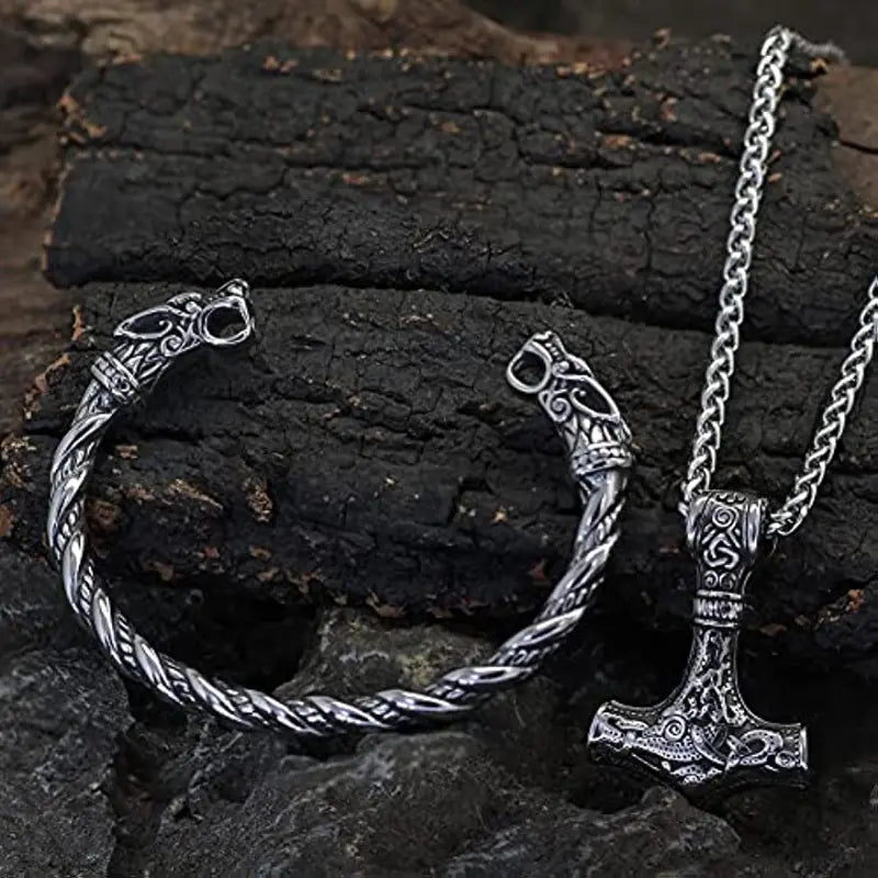 Retro Punk Cool Viking Pendant Necklace & Twist Bangle, Men Casual Leisure Fashion Jewelry Set