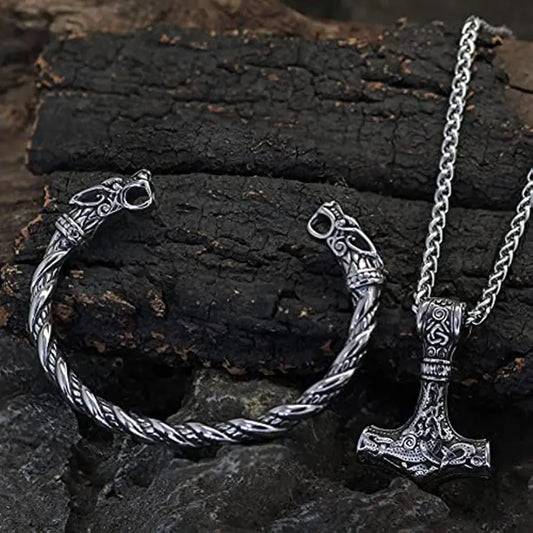 Retro Punk Cool Viking Pendant Necklace & Twist Bangle, Men Casual Leisure Fashion Jewelry Set