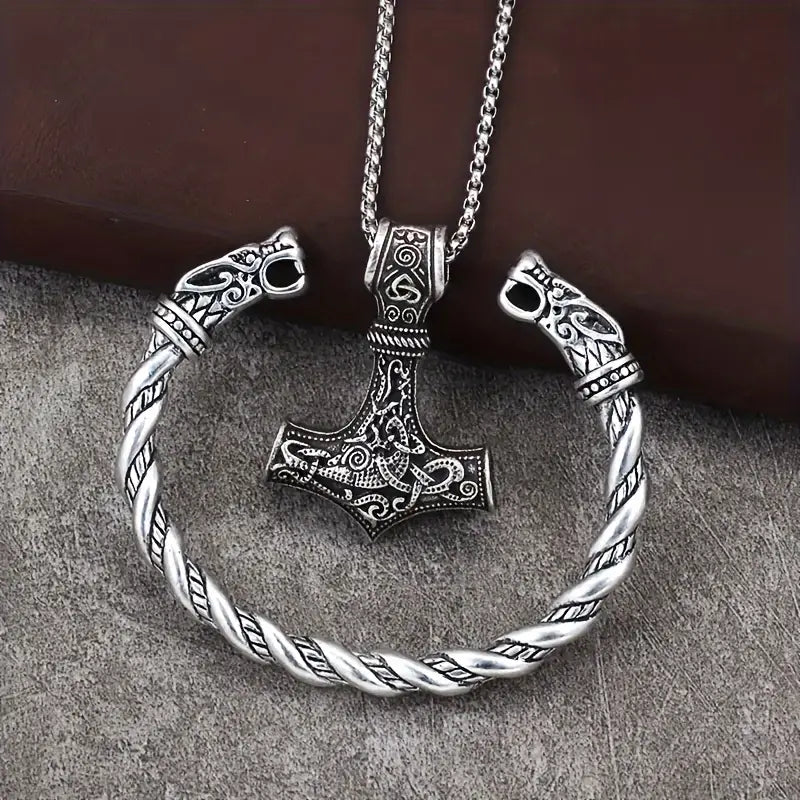 Retro Punk Cool Viking Pendant Necklace & Twist Bangle, Men Casual Leisure Fashion Jewelry Set