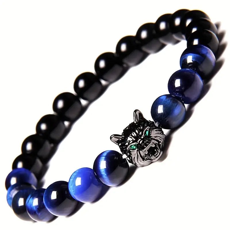 1pc Vintage Inlaid Zircon Wolf Head Stretch Bracelet, Lava Tiger Eye Beaded Bracelet – Viking jewerly | Norse runes & Nordic jewelry