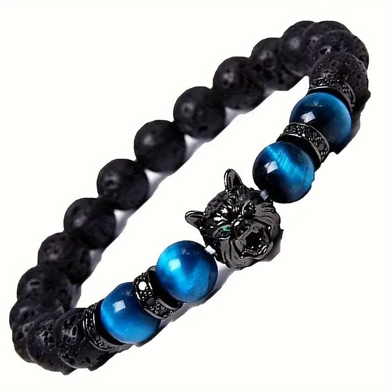 1pc Vintage Inlaid Zircon Wolf Head Stretch Bracelet, Lava Tiger Eye Beaded Bracelet – Viking jewerly | Norse runes & Nordic jewelry