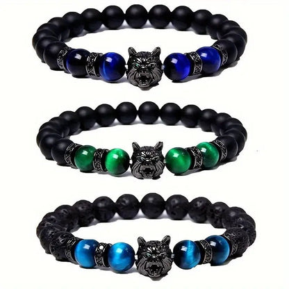 1pc Vintage Inlaid Zircon Wolf Head Stretch Bracelet, Lava Tiger Eye Beaded Bracelet – Viking jewerly | Norse runes & Nordic jewelry
