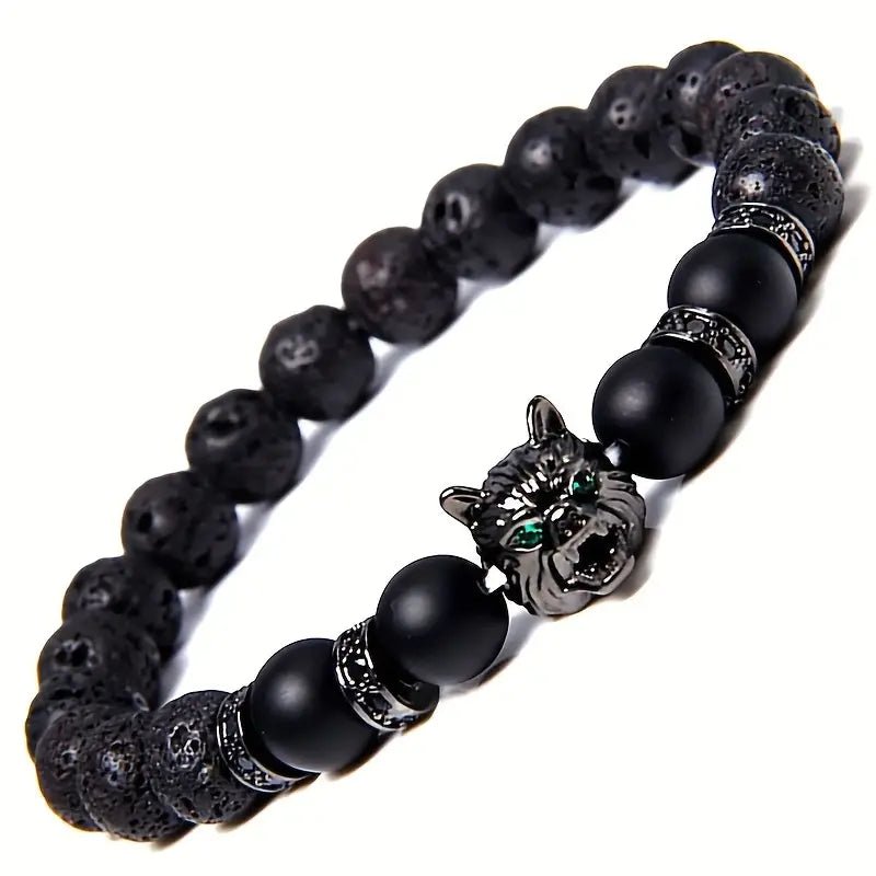 1pc Vintage Inlaid Zircon Wolf Head Stretch Bracelet, Lava Tiger Eye Beaded Bracelet – Viking jewerly | Norse runes & Nordic jewelry