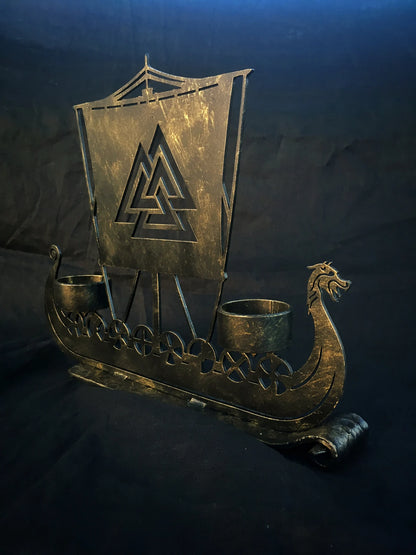 Drakkar Viking Ship Candle Holder Valknut Norse Runes Nordic Asatru Decor Personalized