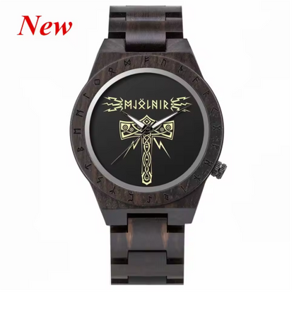 Viking Odin Rune Quartz Wristwatch for Men with Wooden Strap