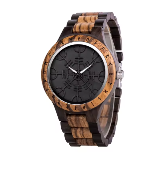 Viking Odin Rune Quartz Wristwatch for Men with Wooden Strap