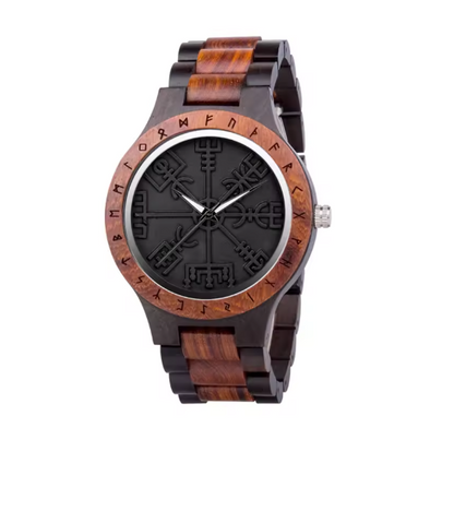 Viking Odin Rune Quartz Wristwatch for Men with Wooden Strap