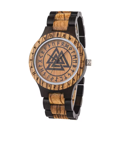 Viking Odin Rune Quartz Wristwatch for Men with Wooden Strap