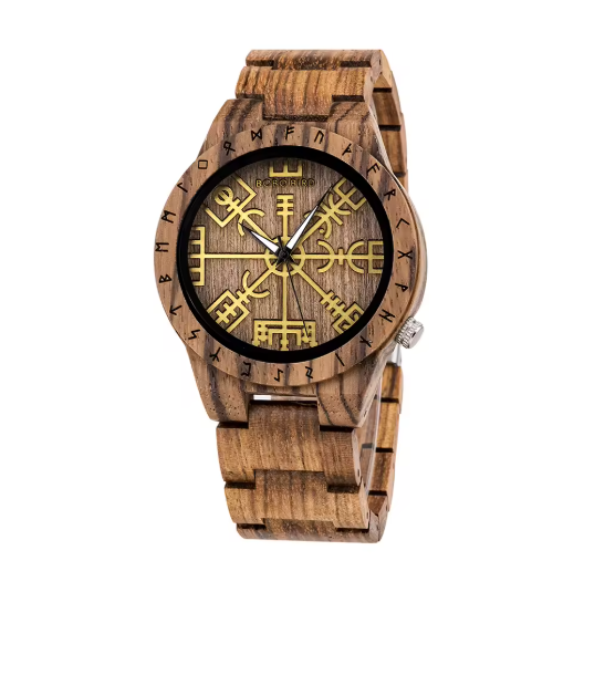 Viking Odin Rune Quartz Wristwatch for Men with Wooden Strap