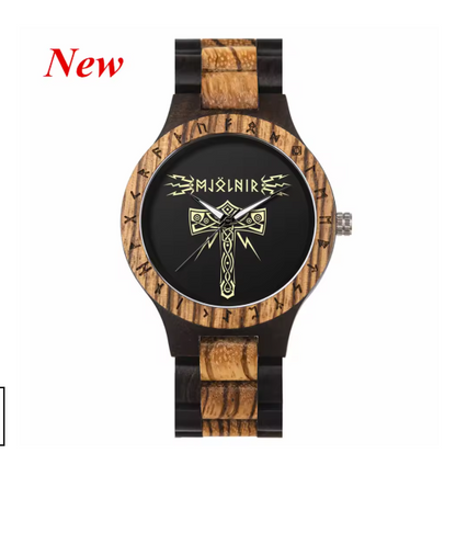 Viking Odin Rune Quartz Wristwatch for Men with Wooden Strap