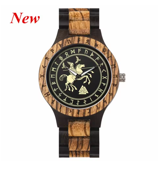 Viking Odin Rune Quartz Wristwatch for Men with Wooden Strap