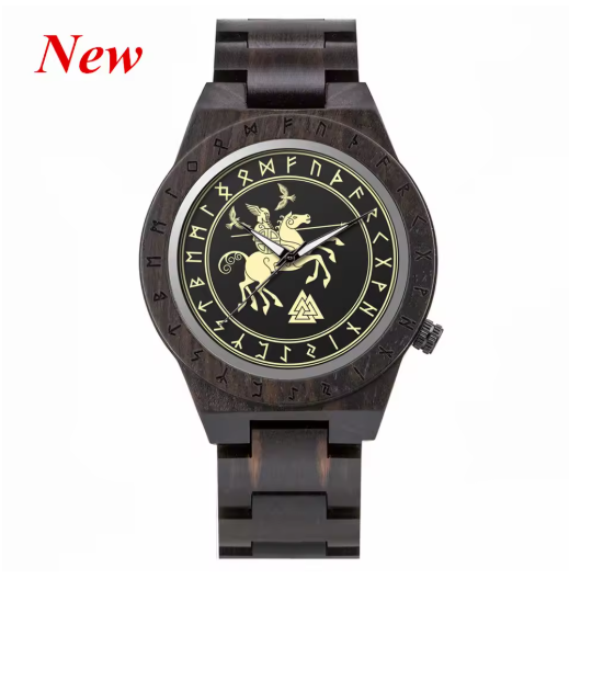 Viking Odin Rune Quartz Wristwatch for Men with Wooden Strap