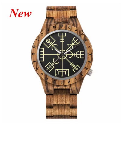 Viking Odin Rune Quartz Wristwatch for Men with Wooden Strap