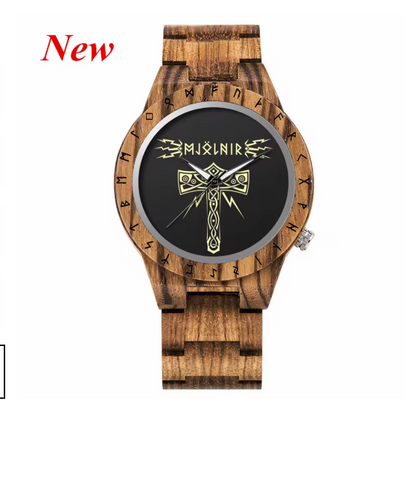 Viking Odin Rune Quartz Wristwatch for Men with Wooden Strap